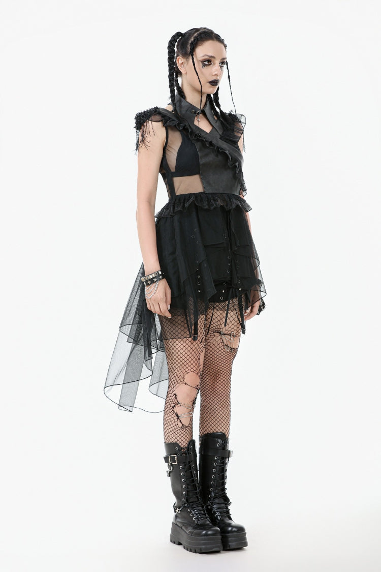 Layered Ruffled Sheer Mesh Punk Dress with V-Neck