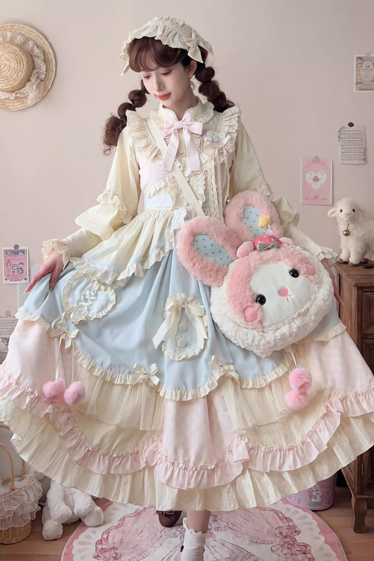 Sleeveless Multi-Layer Ruffle Bow Lace Sweet Lolita Jumper Dress Long - Multi Color