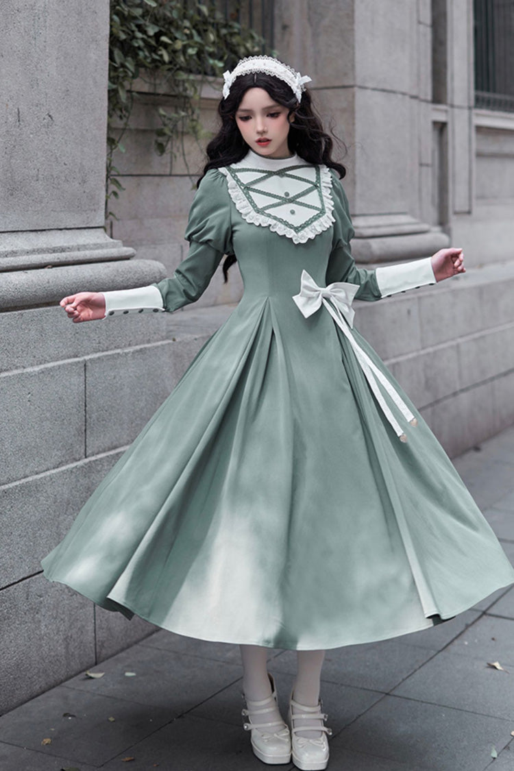 Emerald Nun-Inspired Stand-Collar Long-Sleeve Lolita with Ruffle Bow