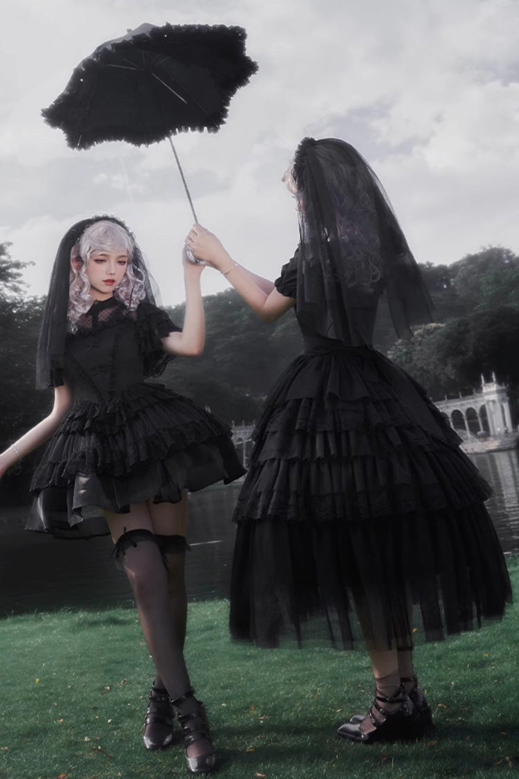 Black Gothic Dress with Five-Tiered Ruffle Sleeves