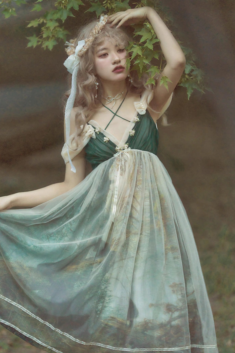Green V-Neck Morning in Pine Forest Printed Sweet Lolita Jumper Dress