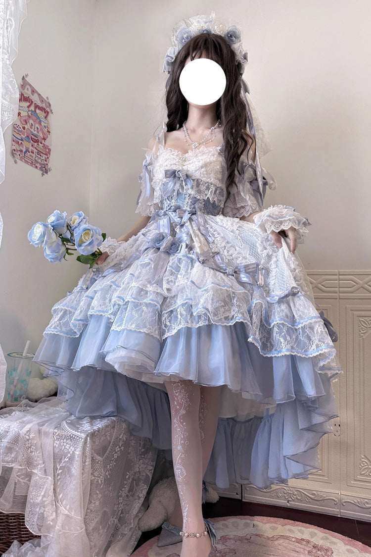 Blue Diane Rose Short Sleeve Jacquard Ruffle Cardigan Bow Lace Sweet Lolita Dress
