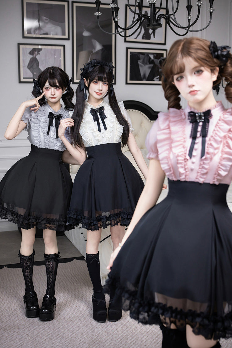 Miss Lola Snow Kiss Stand Collar Short Puff Sleeves Ruffled Color-Blocked Faux Two-Piece Sweet Lolita Dress 3 Colors - Black