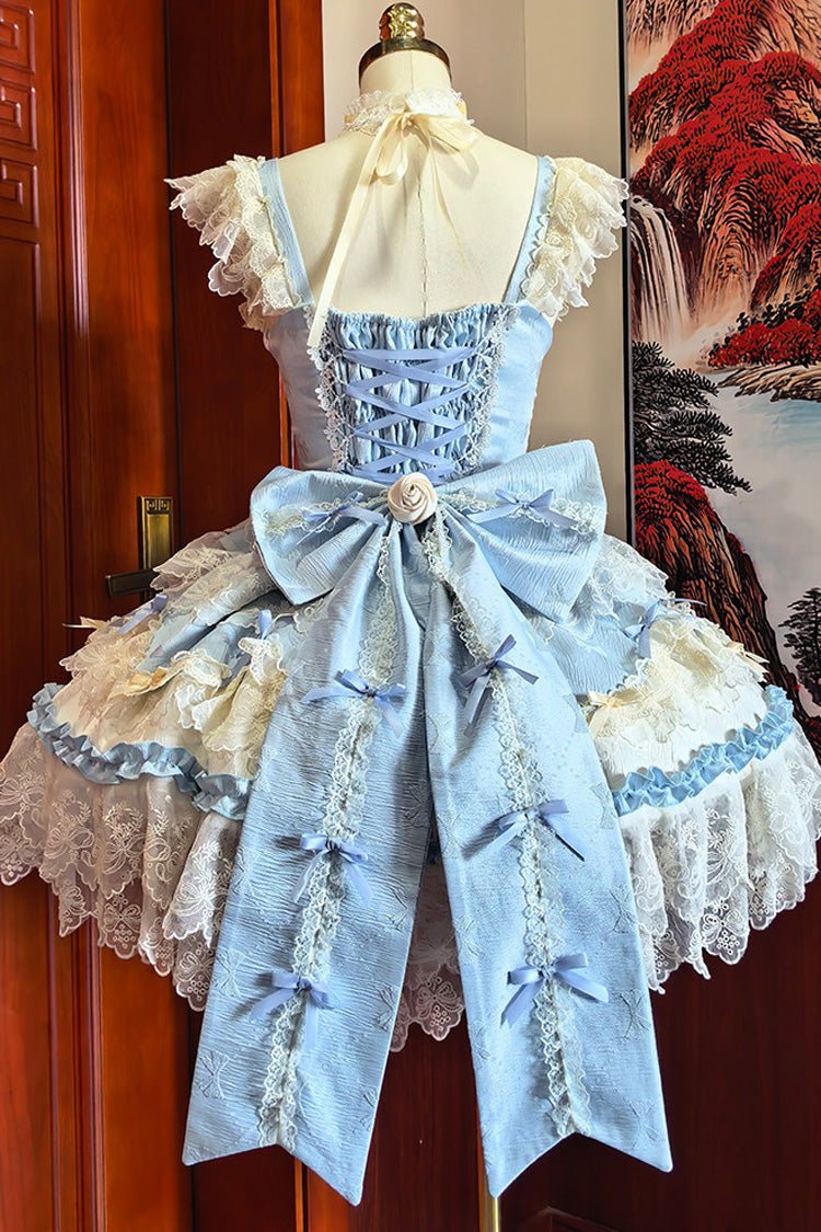 Blue Square Neck Ruffled Bow Lace Ballet Sweet JSK Dress - Rose Feather Romance