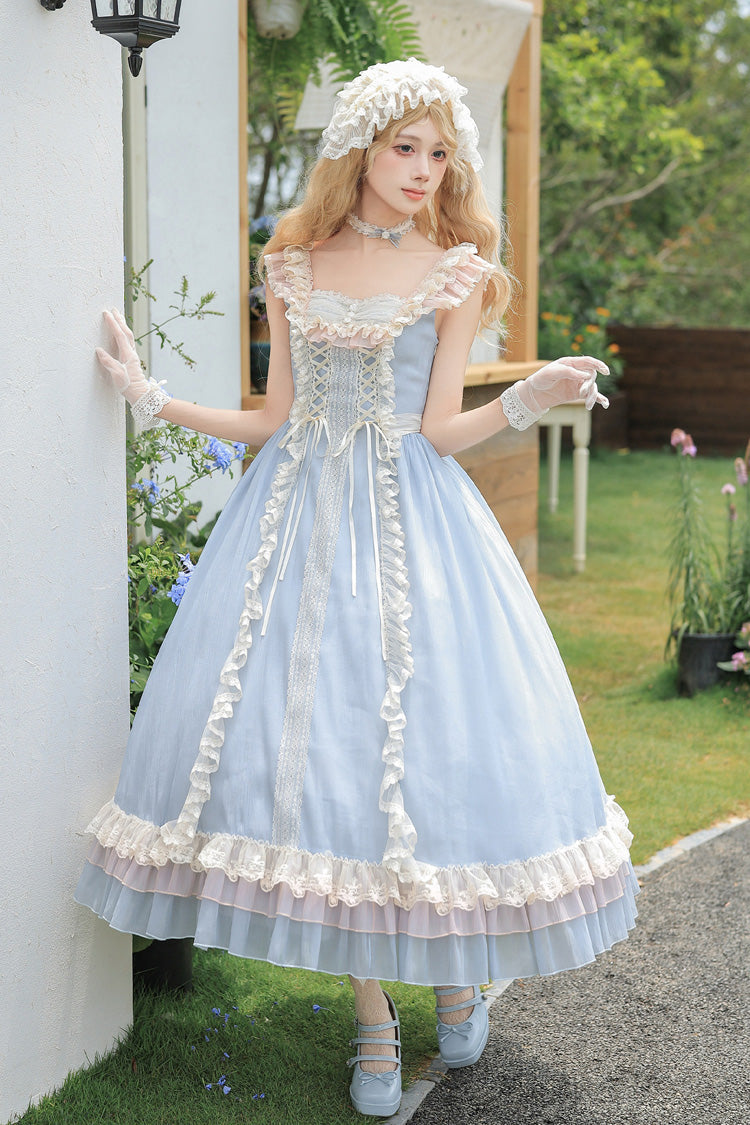 Island Diary Square Collar Flutter Sleeves Triple-Layered Ruffled Lace-Up Sweet Lolita Jsk Dress 2 Versions - Blue