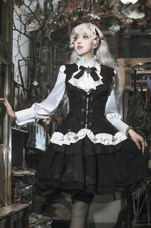 Black/White Multi-Layer Gothic Vest Skirt Set with Bow - The Duke of Blood