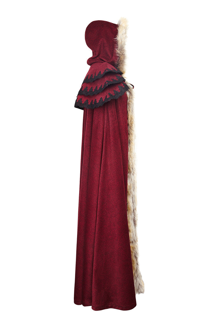 Crimson Hooded Fur-Collar Wool Gothic Cloak Coat