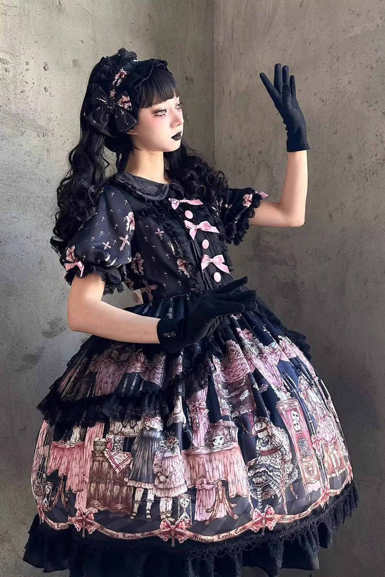 Black Missing Lamb Printed Long Sleeved Ruffled Bow Lace Gothic Lolita Dress