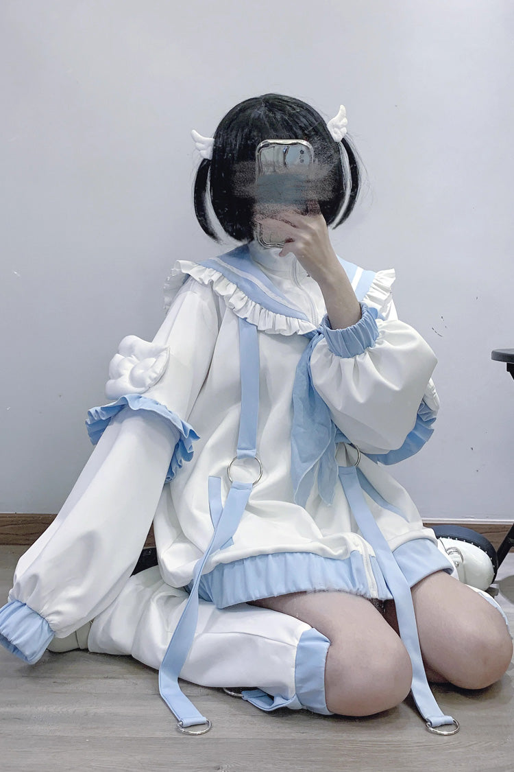 Angelic Letter Print Long Sleeve Coat in White/Blue