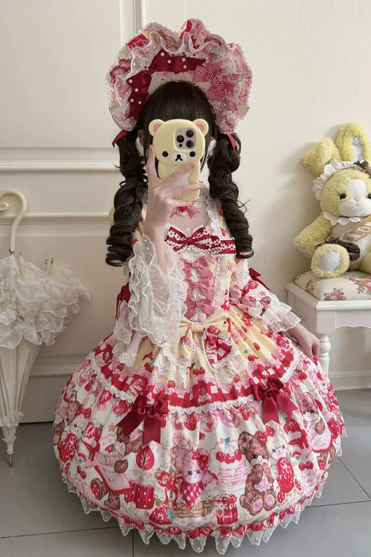 Yellow/Red Sweet Lolita OP Dress Half Sleeves Bow Lace Lace-Up - Sweet Berry Bunny Bear