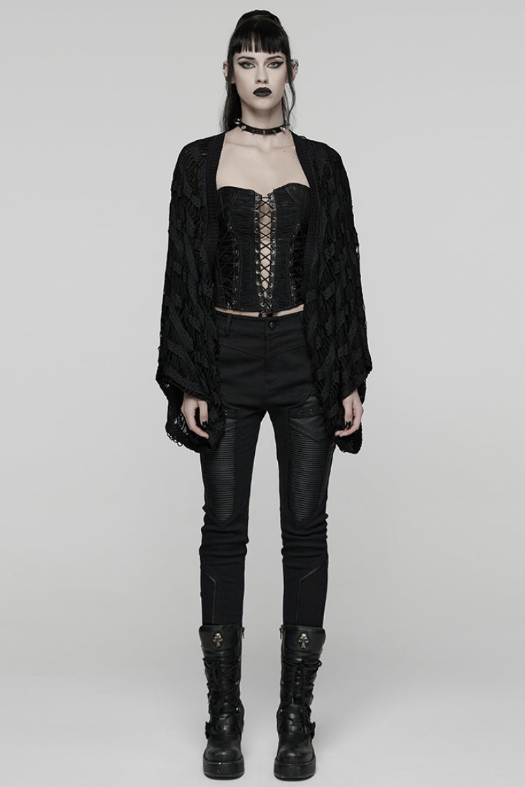 Ebony Punk Cardigan with Batwing Sleeves and Distressed Details