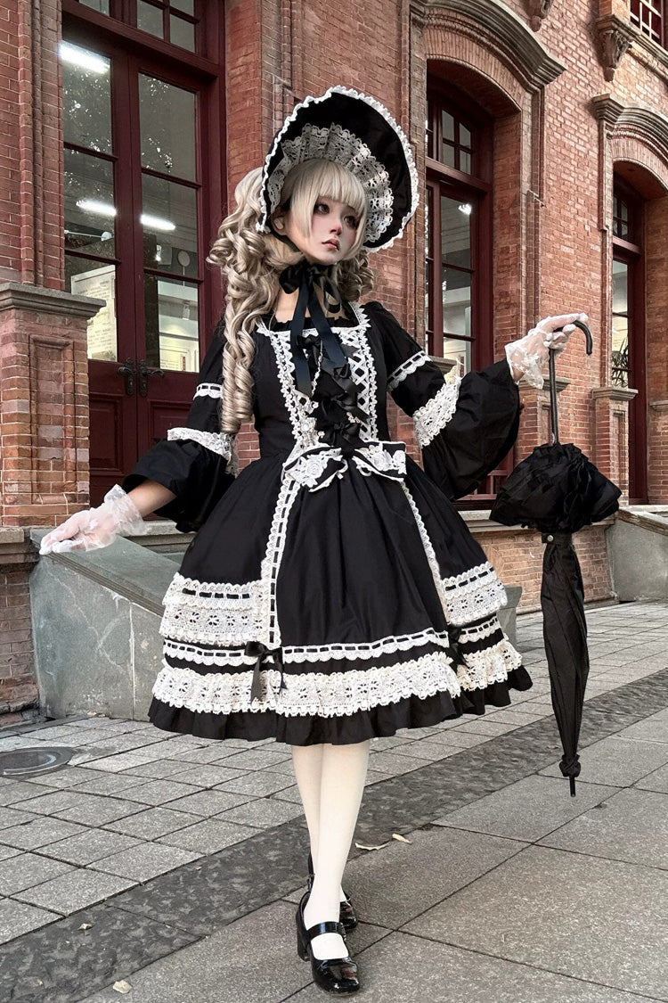 Black Trumpet Sleeve Gothic Dress with Lace and Bow