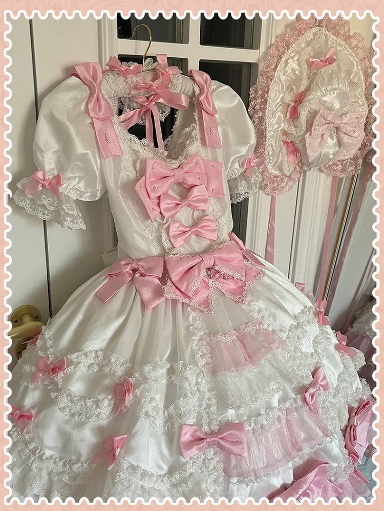 with Sweet Accents High Sleeves White Pink Waist Dress Princess Detachable Bow Lolita