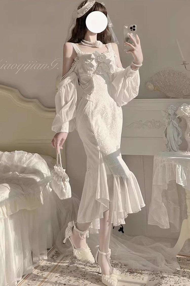 Camellia 1.0 White Sleeveless Jacquard Lace Sweet Fishtail JSK Dress