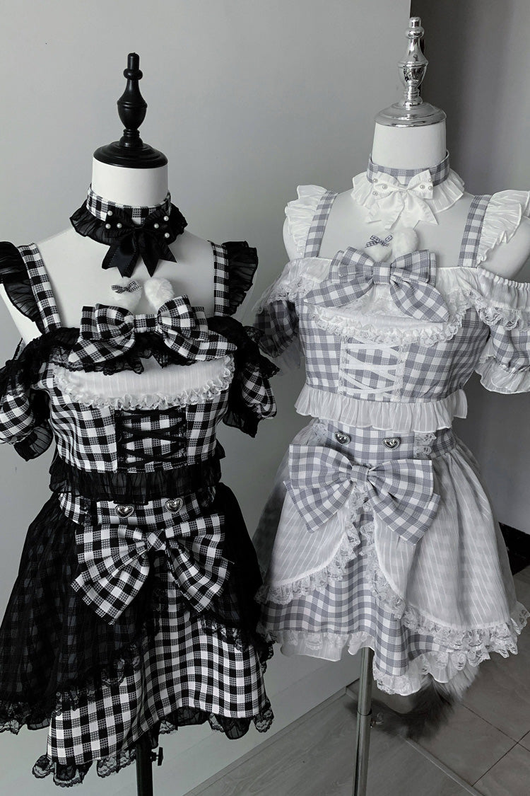 Jirai Kei Skirt Set with Plaid Print and Lace-Up Front - Night Rabbit Dream, Short Sleeves