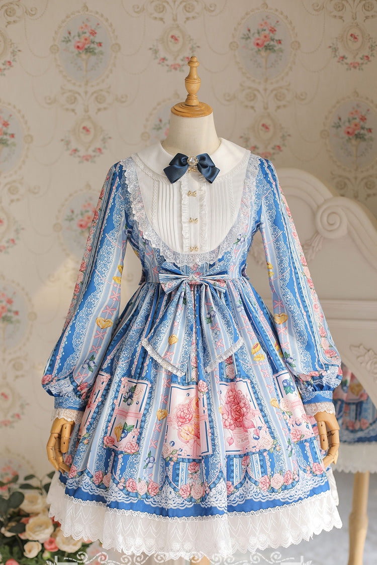 Blueberry Print Long Sleeves Ribbon Girly Princess Lolita Dress - 4 Shades
