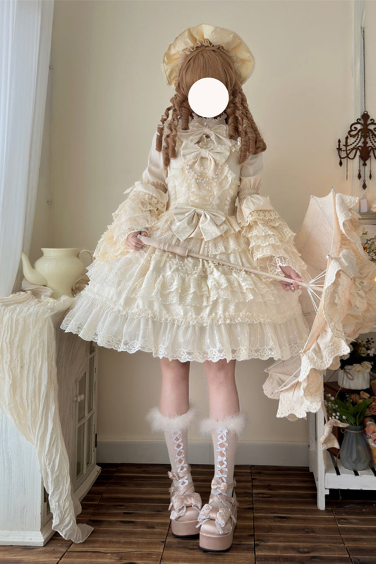 Apricot Sweet Lolita JSK Dress with Multi-Layer Ruffles Bowknot Lace and Pearl Accents