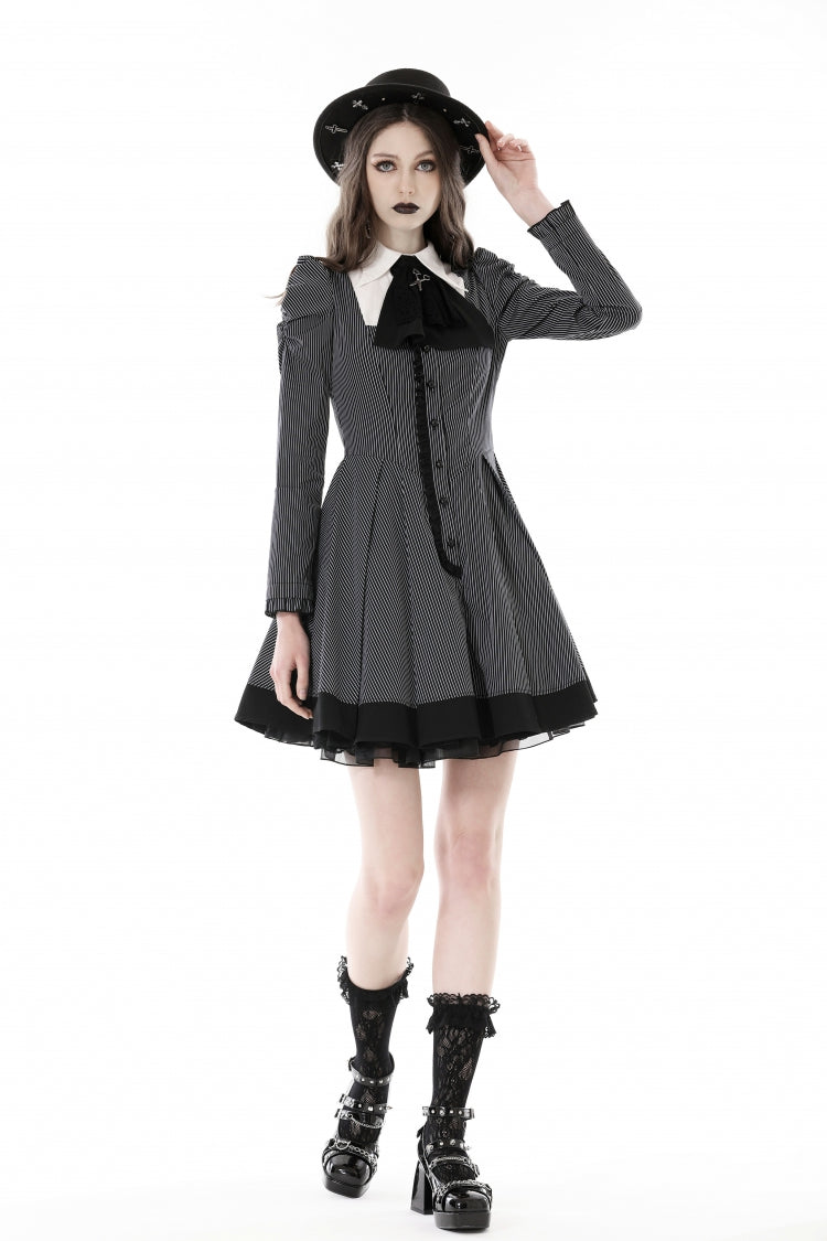 Lapel Collar Long Puff Sleeves Striped Preppy Gothic Dress