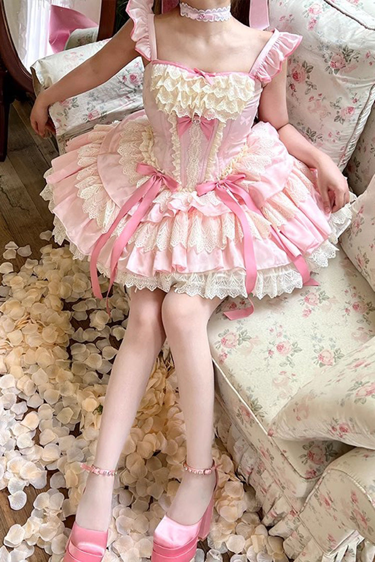 Pink Multi-Layered Ruffled Bow Lace Sweet Ballet Lolita Dress