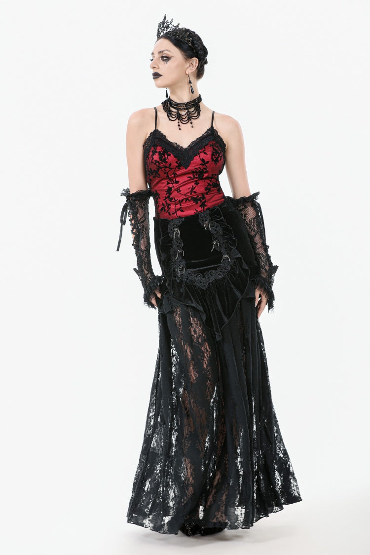 Gothic Velvet Long Skirt with Lace and Lace-Up, Black