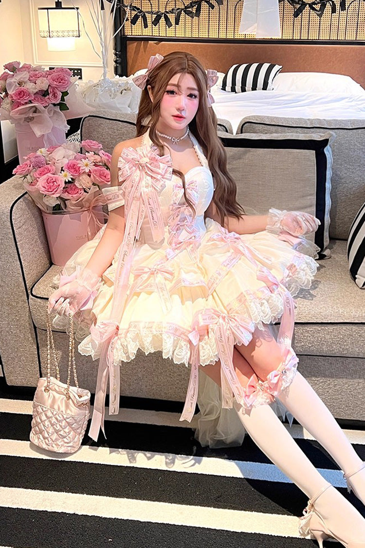 Pink Halterneck Sleeveless Multi-Layered Ruffle Bow Sweet Dress