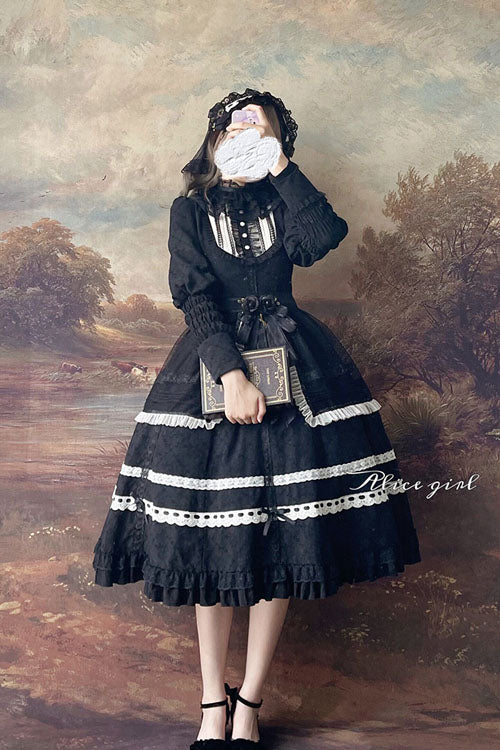 Black Cross Church Lace Long Sleeve Ruffled Classic Lolita OP Dress - Altfashion Shop