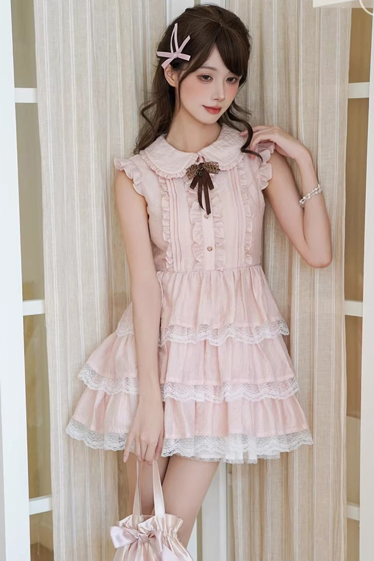Pink Triple-Ruffle Lace Dress with Bow Accent
