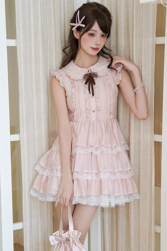 Pink Triple-Ruffle Lace Dress with Bow Accent