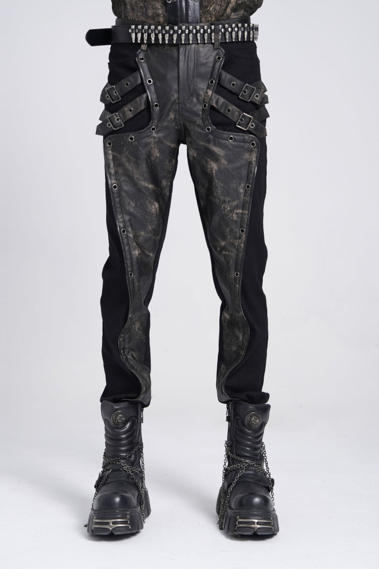 Faux Leather Stitching Buckle Pants - Punk