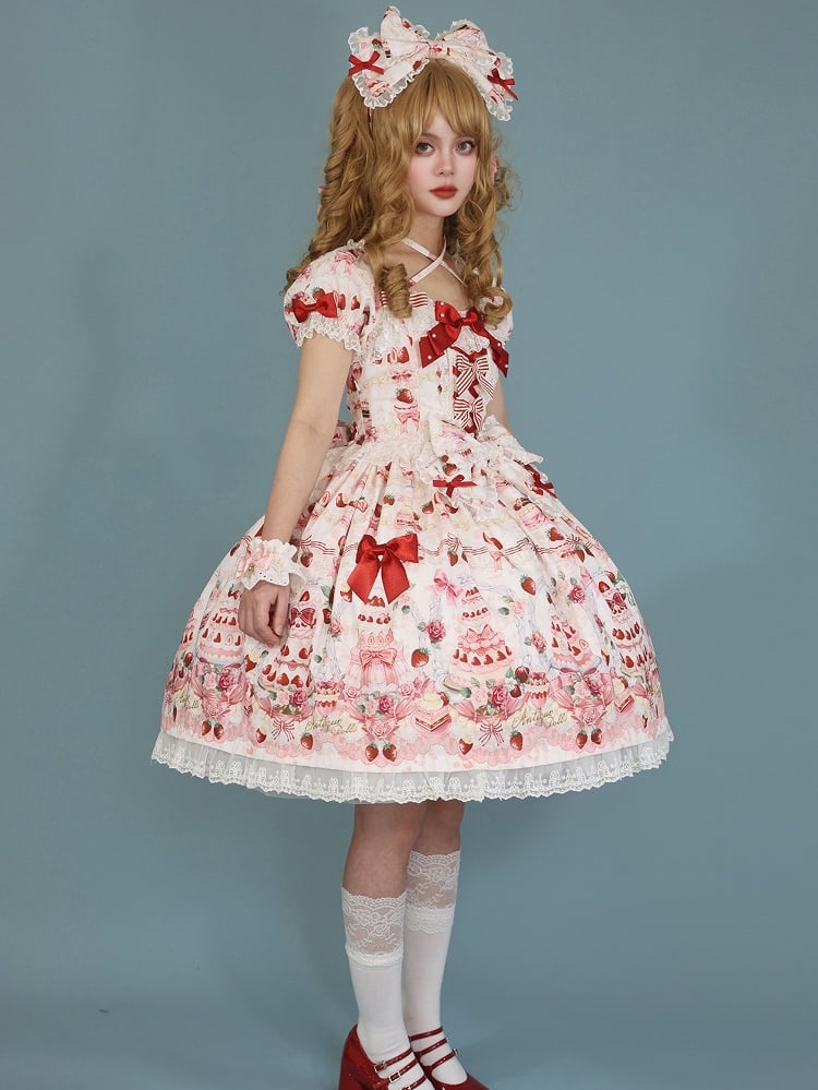 Print Set Dress Full Lolita Bow / Sweet Accents Cake Strawberry White