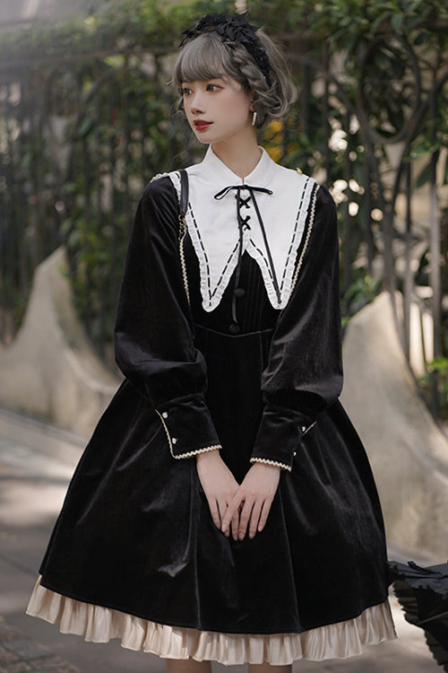 Ebony Velvet Classic Lolita One-Piece with Faux Collar