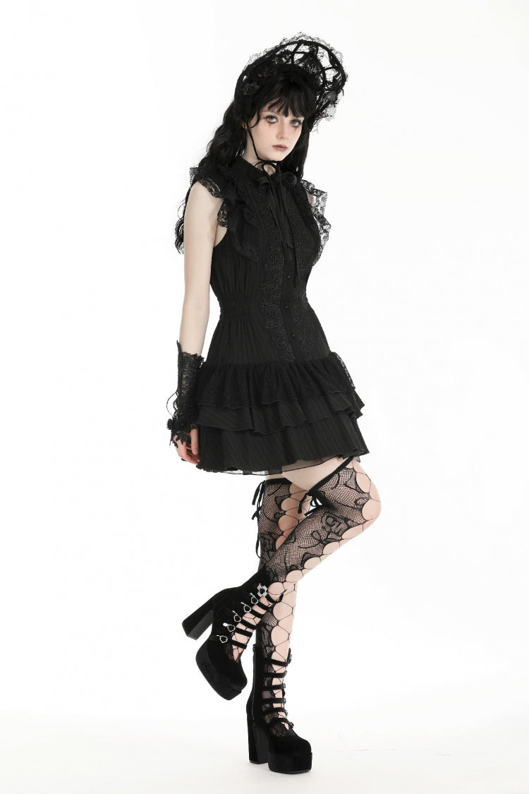 Gothic Sleeveless Black Lace Bow-Accented High-Neck Triple-Tiered Hem Long Dress