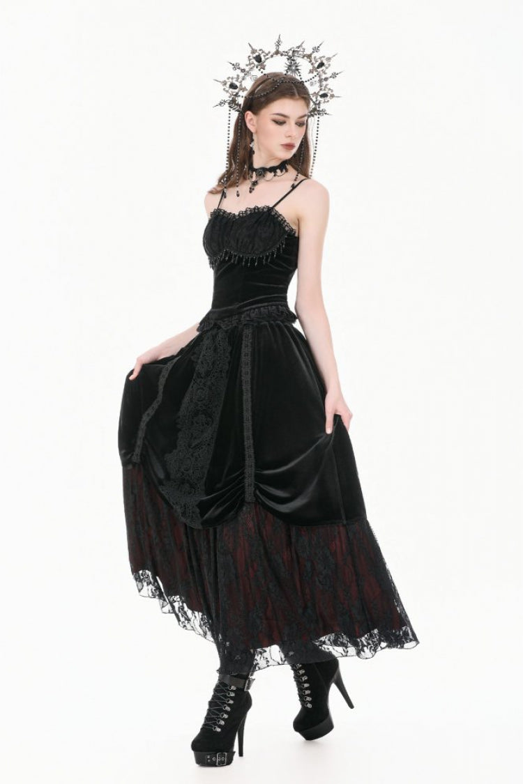 Gothic Vintage Velvet Black Lace Mesh Bustier with Beaded Tassel Drops