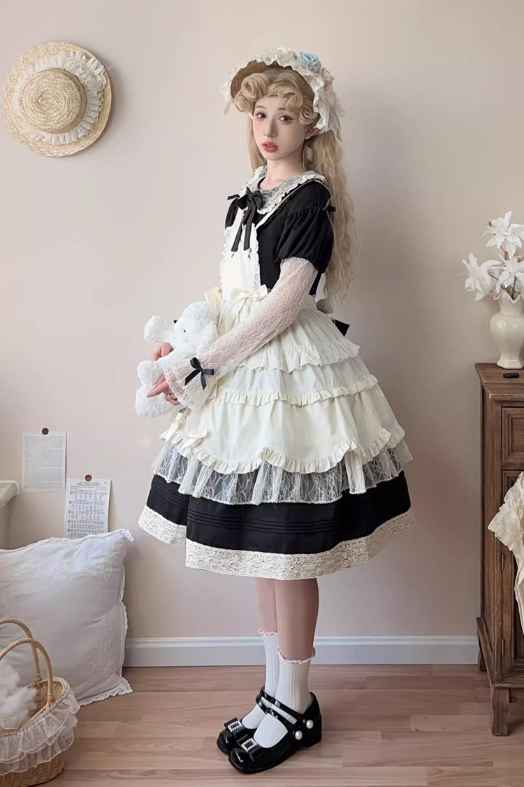 Lapel Collar Long Sleeve Embroidery Bow Lace Sweet Lolita Dress - Black