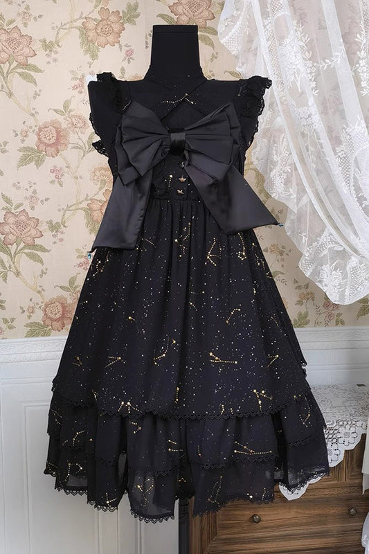 Black Triple-Layered Ruffled Bow Gothic Princess Lolita JSK