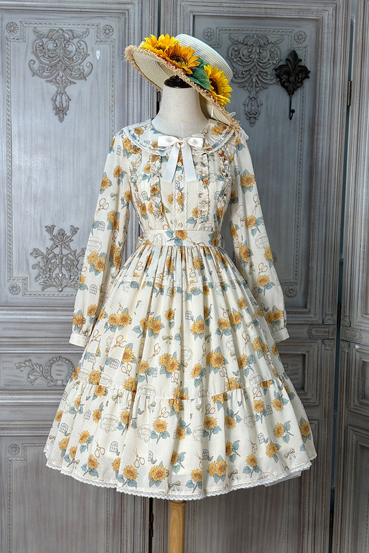 Apricot Sweet Elegant Lolita Dress with Long Sleeves Print Ruffles and Bowknot Accents