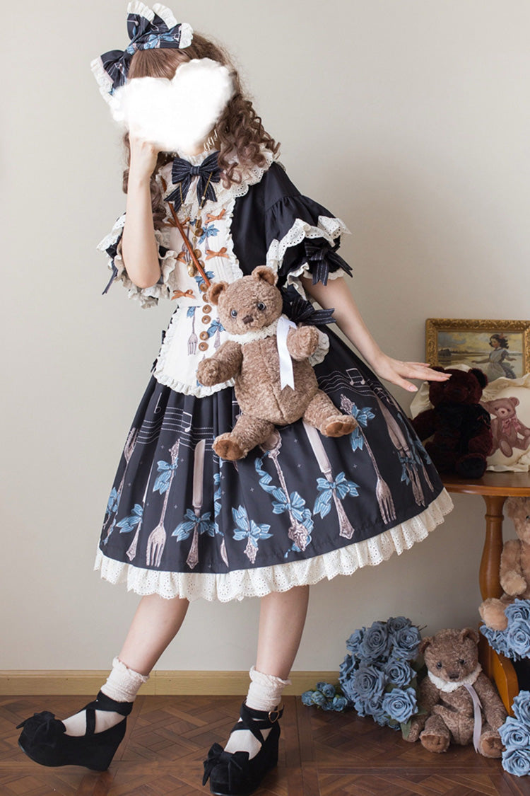 Navy Witch's Banquet Round-Collar Short-Sleeve Printed Ruffled Embroidered Bow Lace Sweet Lolita JSK