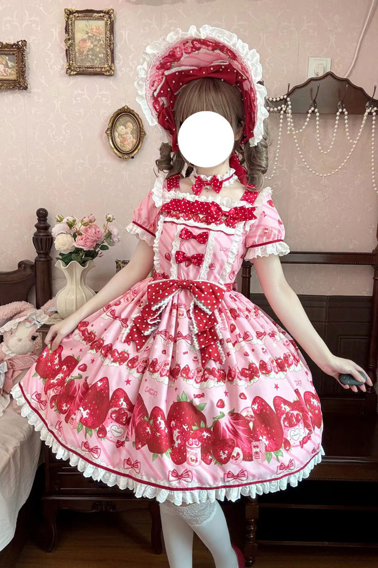 Strawberry Gift Box Pink Short Sleeves Print Ruffle Bowknot Lace Sweet Dress