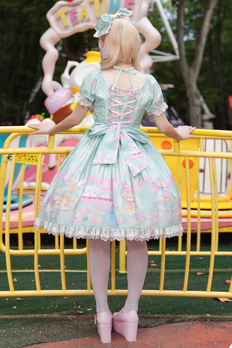 Green Square Collar Lantern Sleeve Sweet Lolita Dress with Bow Print - Macarons Dolly House