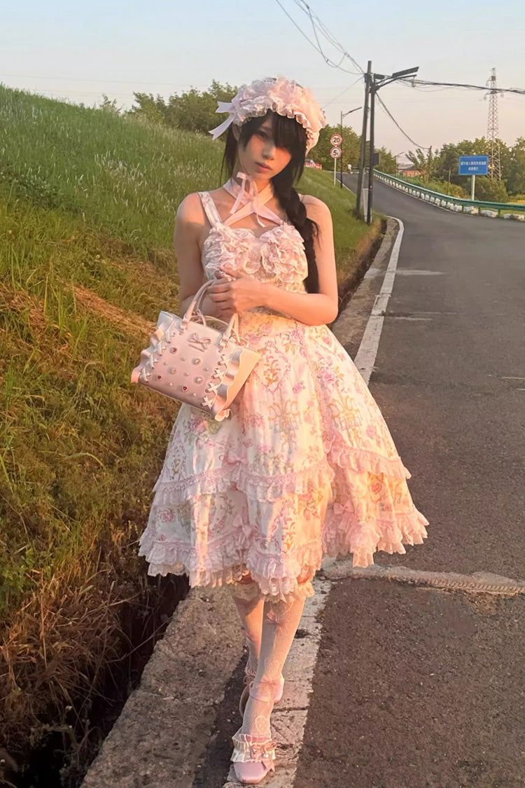 Ivory & Pink Sleeveless Floral Wall Print Lace Bow Sweet Lolita JSK Dress