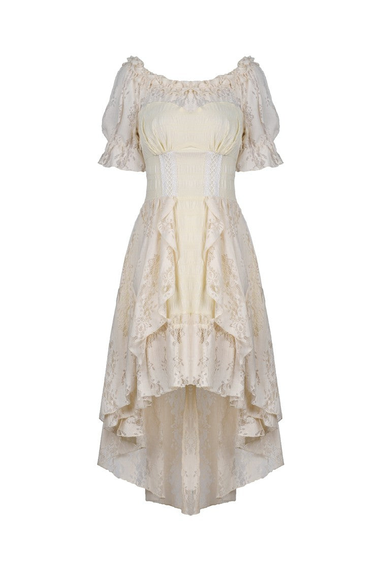 Beige Ruched Off-Shoulder Short Sleeve Steampunk Vintage Gown
