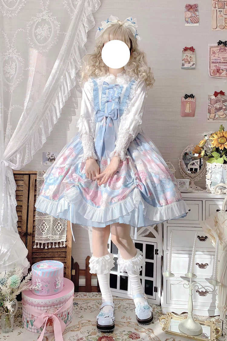 Azure High-Waist Rabbit-Print Sweet JSK with Ruffled Bow