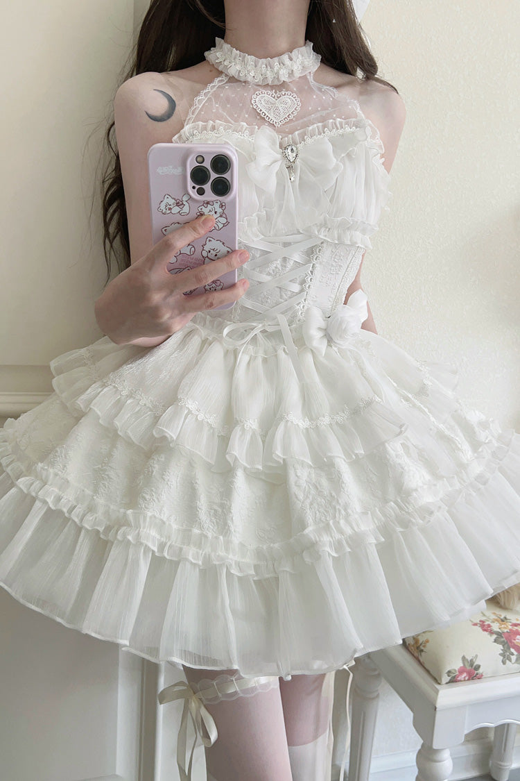 White Sweet Lolita JSK Halterneck Triple Layered Bowknot Lace