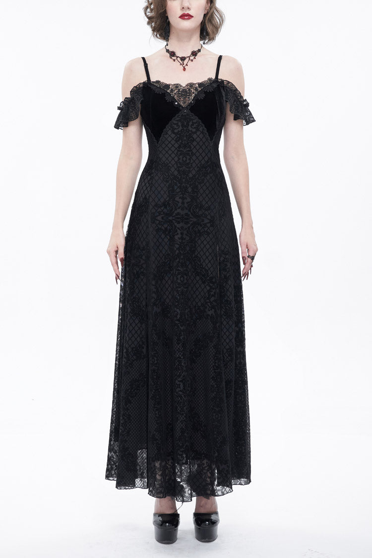 Raven Velvet Off-Shoulder Lace Gothic Dress with Ruffled Hem