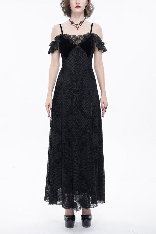 Raven Velvet Off-Shoulder Lace Gothic Dress with Ruffled Hem