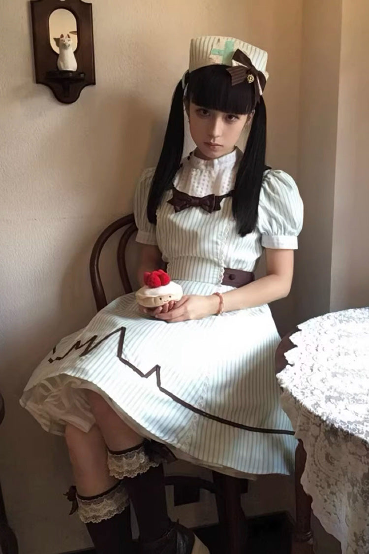 Green Striped Bow Nurse Lolita Stand-Collar
