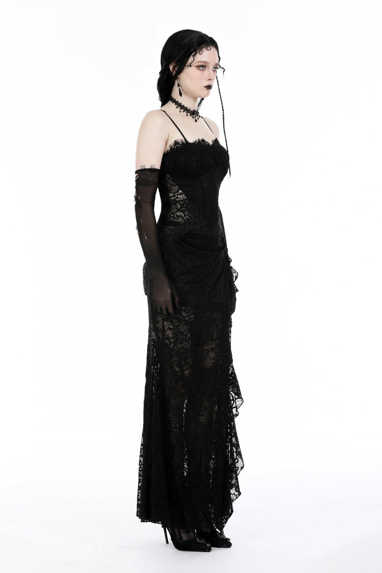 Sleeveless Side Slit Ruffled Lace Lace-Up Gothic Maxi Slip Wedding Dress