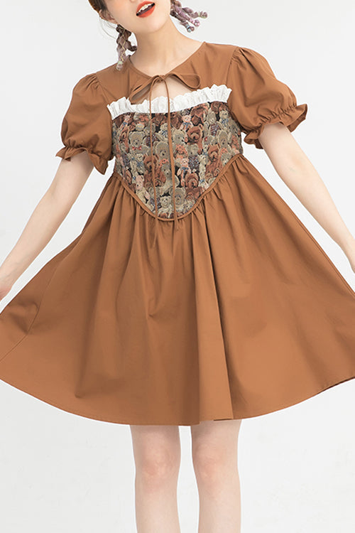 Tie Neck Bear Print Jacquard Panel Bubble Short Sleeve High Waist Sweet Dress