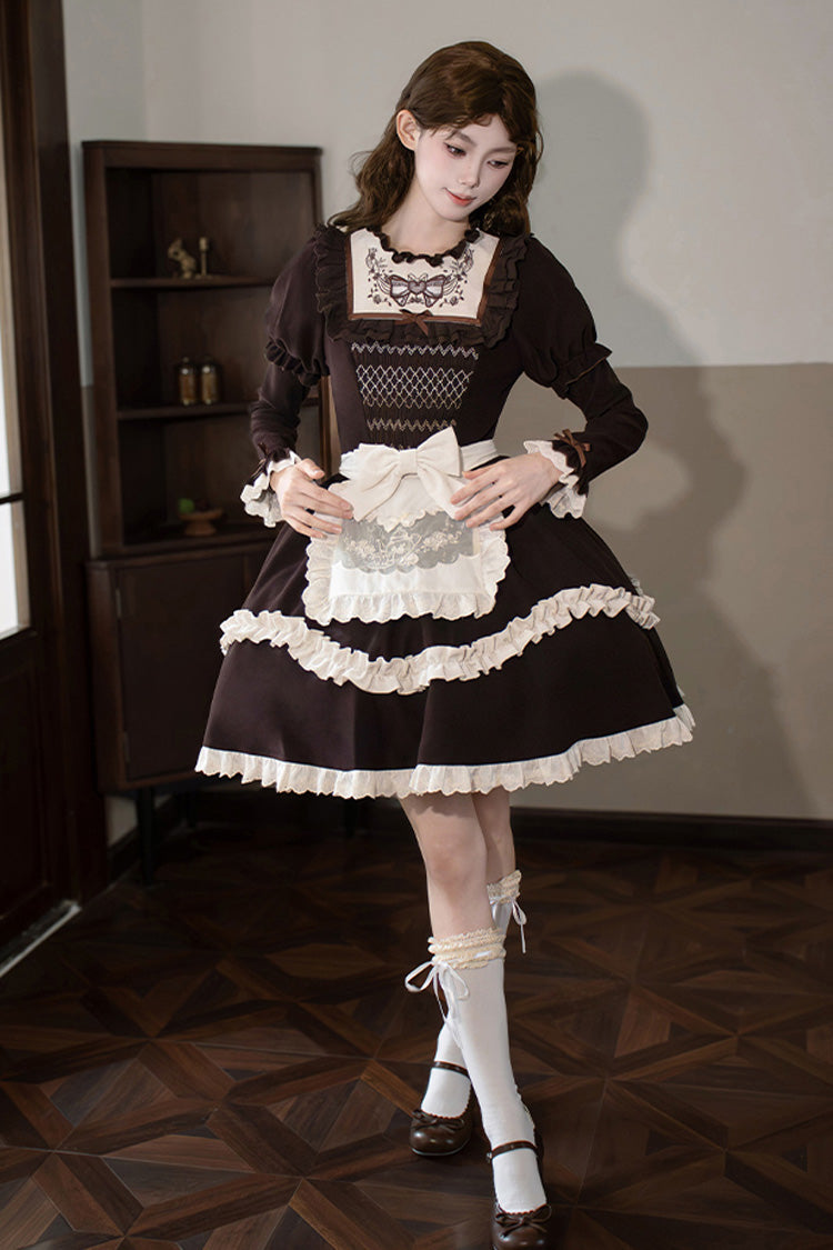 Brown Double-Layered Ruffled Bouquet Embroidered Bow Sweet Lolita Dress - Miss Brown