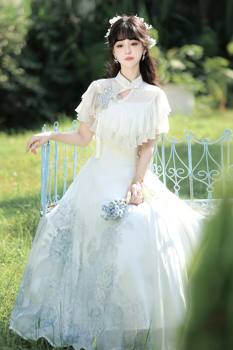 Ivory Print Ruffle Lace Chinese Elegant Dress